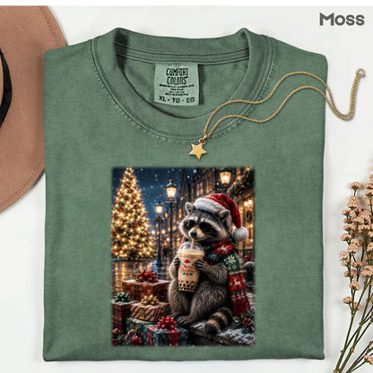 Christmas Raccoon Santa Hat T-Shirt, Coffee Drink Cute Holiday Winter Comfort Color Tee