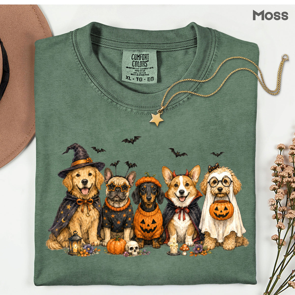 Halloween Dogs Comfort Colors T Shirts Cute Witchy Puppy Pumpkin Tees Spooky Costume Corgi Frenchie Golden Retriever Shirt Autumn Fall Graphic Hoodie