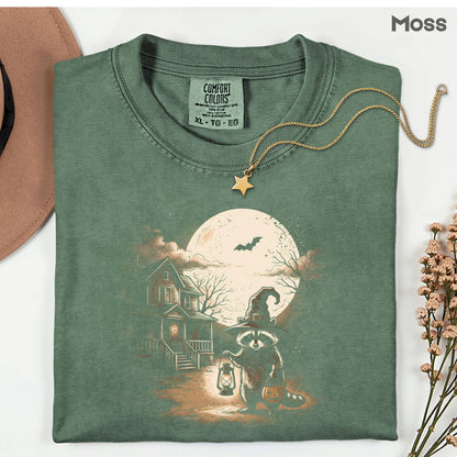 Vintage Halloween Mouse Witch T-Shirt, Full Moon Pumpkin House Sepia Trick or Treat Spooky Fall Tee