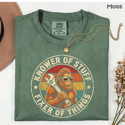 Funny Bigfoot Knower of Stuff Fixer of Things T-Shirt, Retro Sasquatch Wrench Sunglasses Dad Handyman Tee