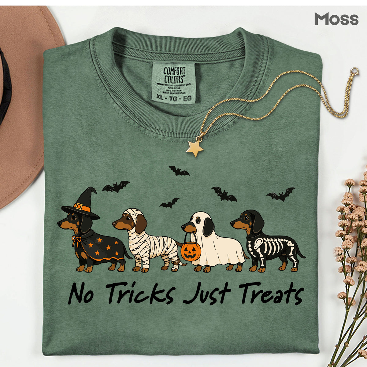 Dachshund Halloween Comfort Colors T Shirts No Tricks Just Treats Costume Tee Cute Ghost Mummy Witch Skeleton Dog Shirt Spooky Wiener Dog Hoodie
