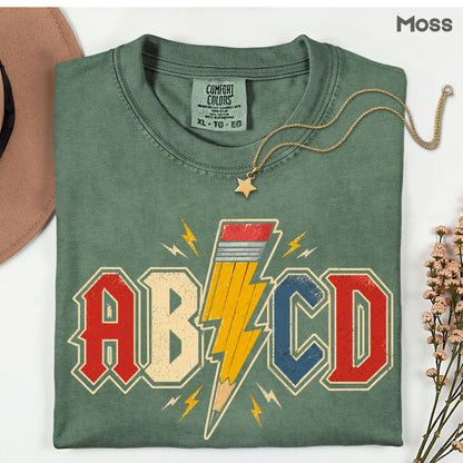 AB CD Lightning Bolt Pencil Teacher T-Shirt, Rock N Roll Back to School Comfort Color Tee