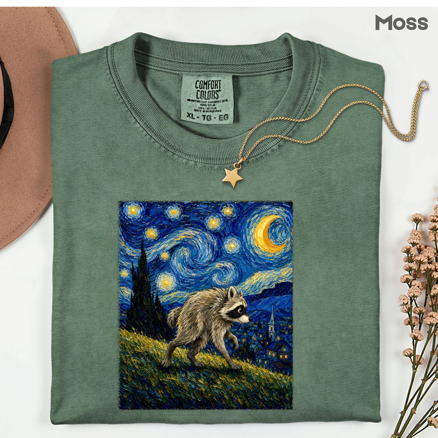 Starry Night Raccoon T-Shirt, Van Gogh Style Oil Painting Funny Wildlife Art Tee