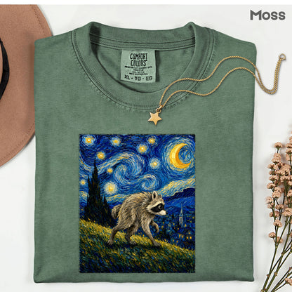 Starry Night Raccoon T-Shirt, Van Gogh Style Oil Painting Funny Wildlife Art Tee