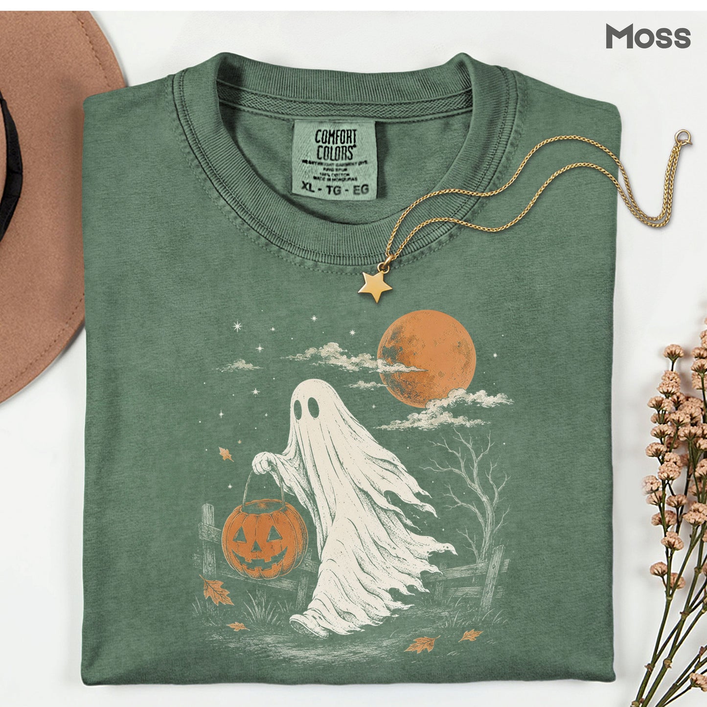 Vintage Halloween Ghost T-Shirt, Jack O Lantern Full Moon Sepia Neutral Tones Spooky Fall Tee