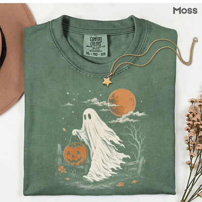 Vintage Halloween Ghost T-Shirt, Jack O Lantern Full Moon Sepia Neutral Tones Spooky Fall Tee