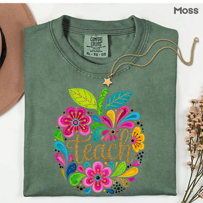 Teacher Teach Floral Apple T-Shirt, Colorful Back to School Teacher Life Tee