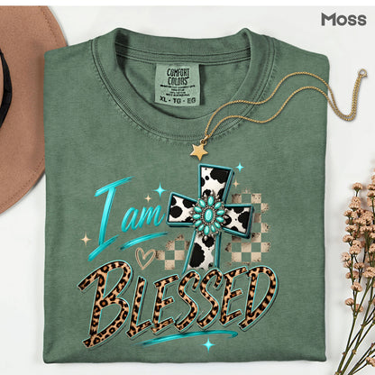 I Am Blessed Western Cross Cow Print T-Shirt, Turquoise Leopard Faith Tee