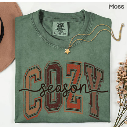 Cozy Season Fall T-Shirt, Distressed Varsity Letters Autumn Neutral Tones Tee