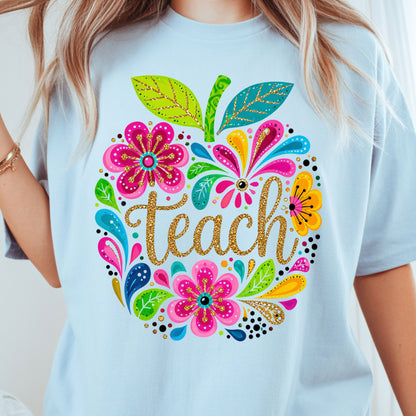 Teacher Teach Floral Apple T-Shirt, Colorful Back to School Teacher Life Tee
