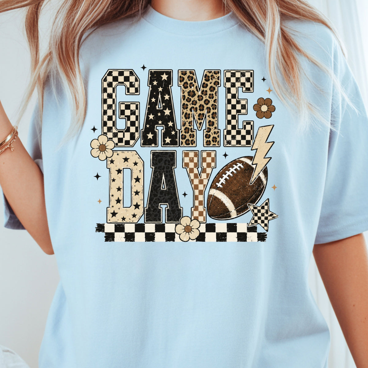 Game Day Leopard Football T-Shirt, Checkered Lightning Bolt Retro Western Tee Sweatshirt