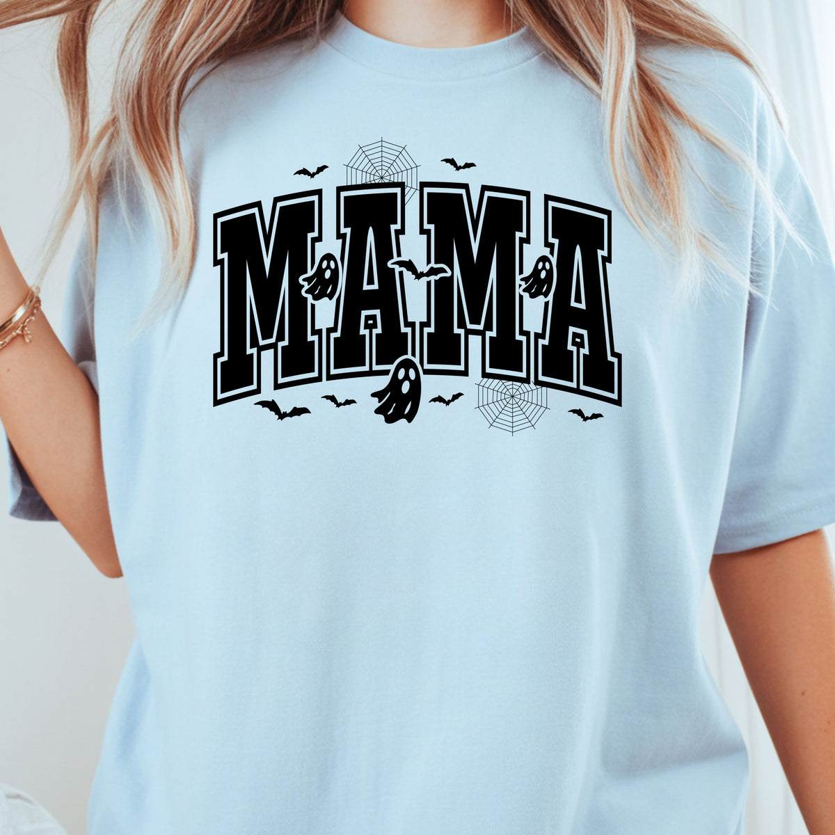 Mama Halloween Spooky Ghost Bats T-Shirt, Varsity Cute Mom Tee