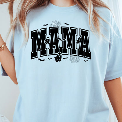 Mama Halloween Spooky Ghost Bats T-Shirt, Varsity Cute Mom Tee