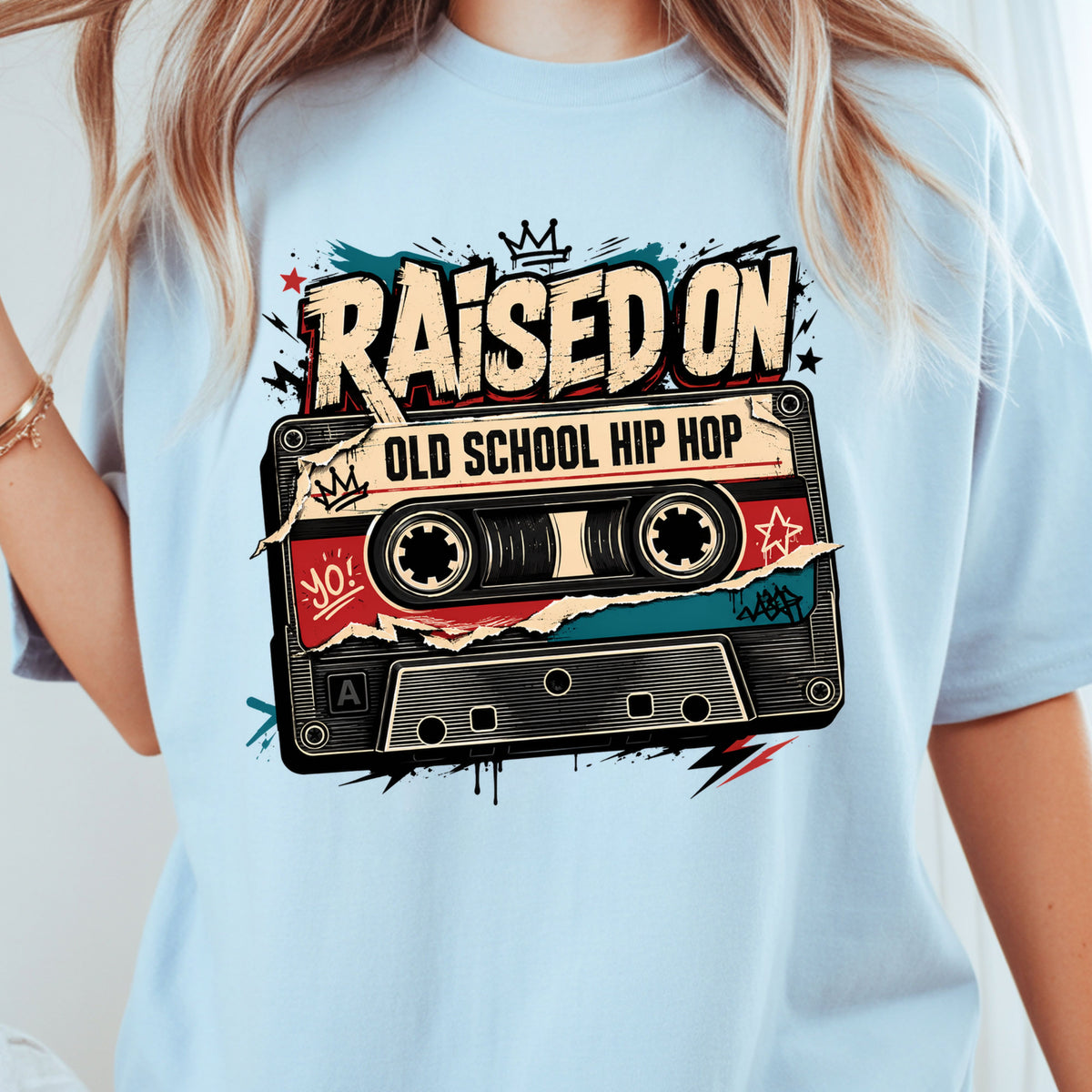 Vintage Cassette Tape Raised on Old School T-Shirt, Hip Hop Retro Music Graffiti Crown Tee