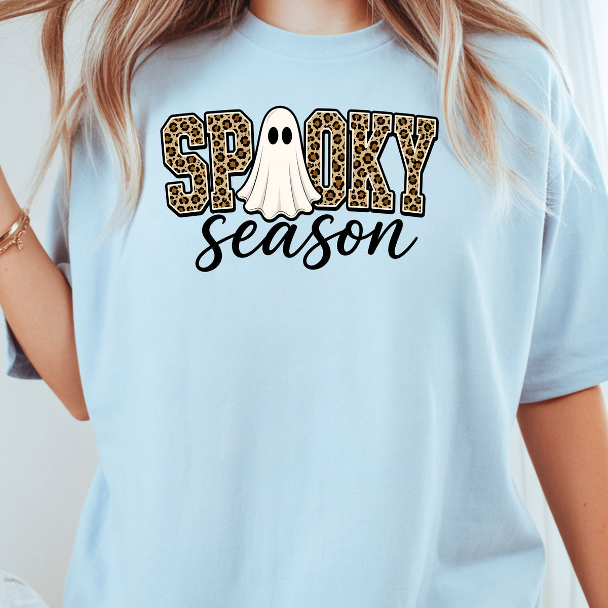 Halloween Spooky Season Ghost T-Shirt, Leopard Print Cheetah Varsity Letters Tee
