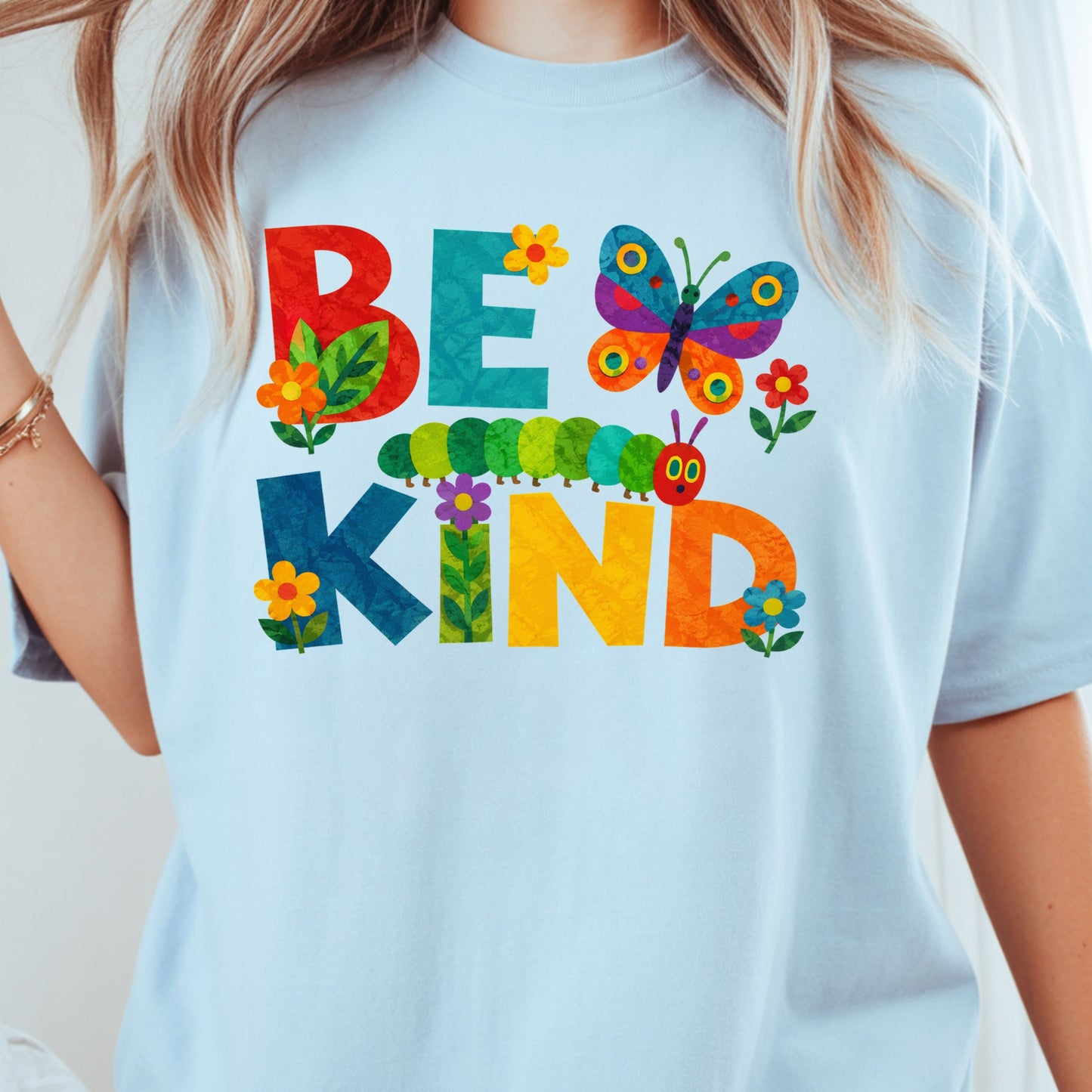 Be Kind Caterpillar Butterfly T-Shirt, Colorful Flowers Storybook Teacher Comfort Color Tee