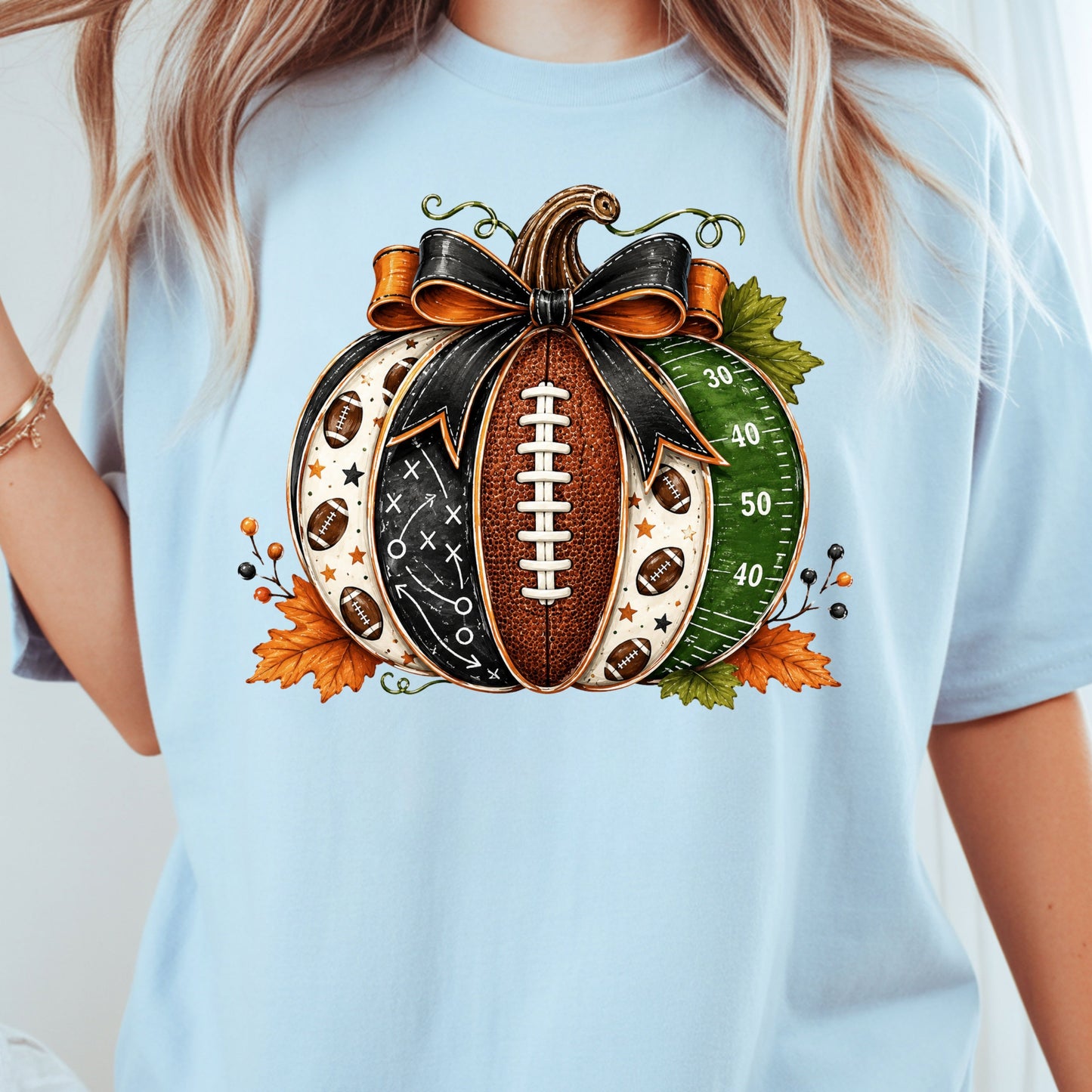 Football Pumpkin Bow Fall T-Shirt, Game Day Football Field Patchwork Autumn Tee