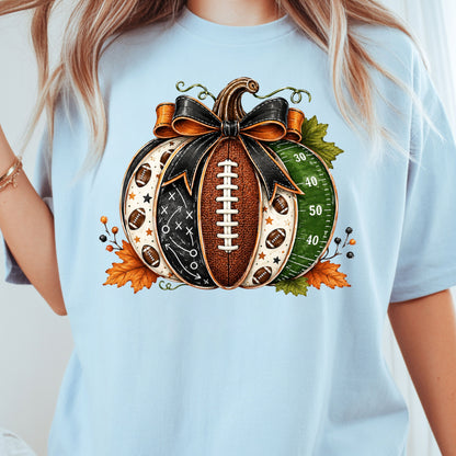 Football Pumpkin Bow Fall T-Shirt, Game Day Football Field Patchwork Autumn Tee