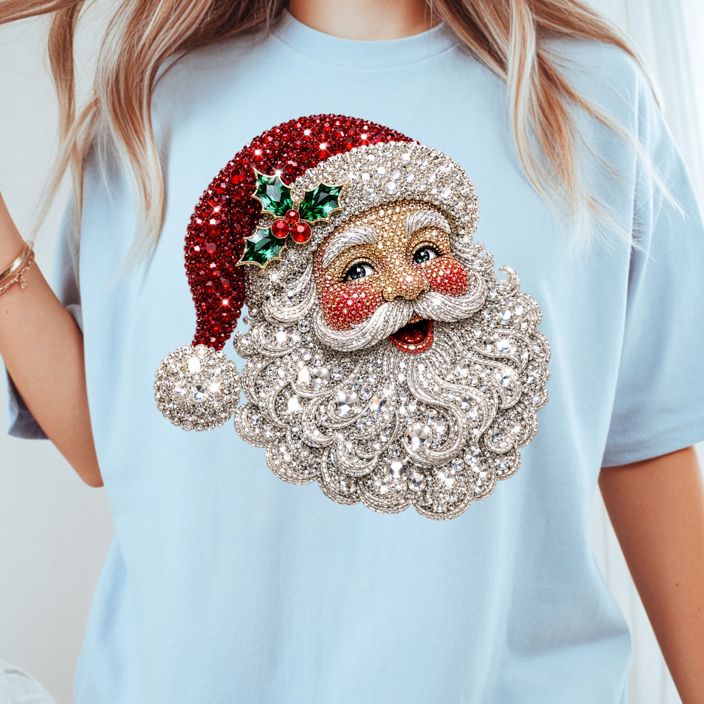 Christmas Santa Claus Vintage T-Shirt, Bejeweled Rhinestone Santa Head Festive Holiday Tee