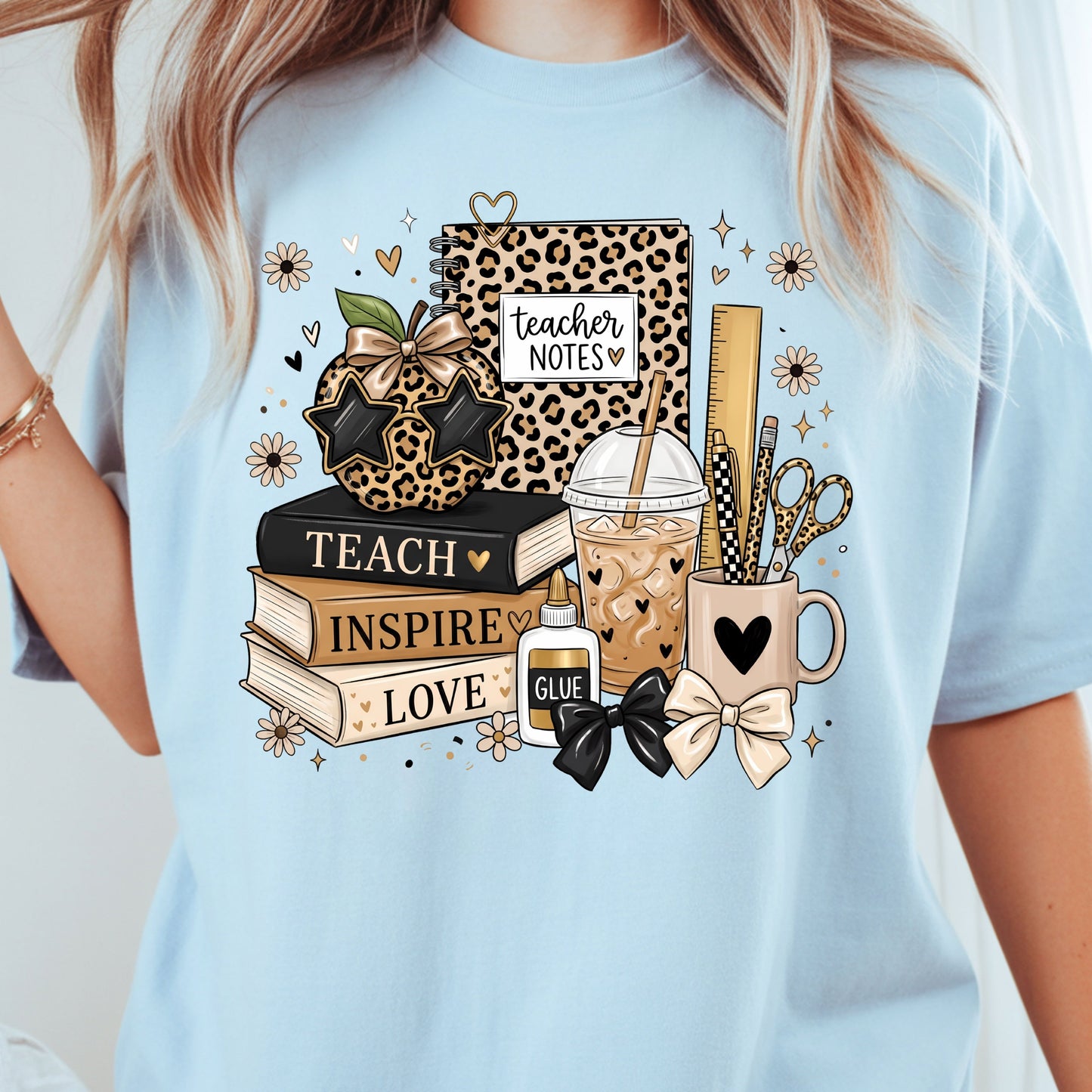 Teach Inspire Love Leopard Teacher T-Shirt, Notebook Coffee Iced Drink Comfort Color Tee