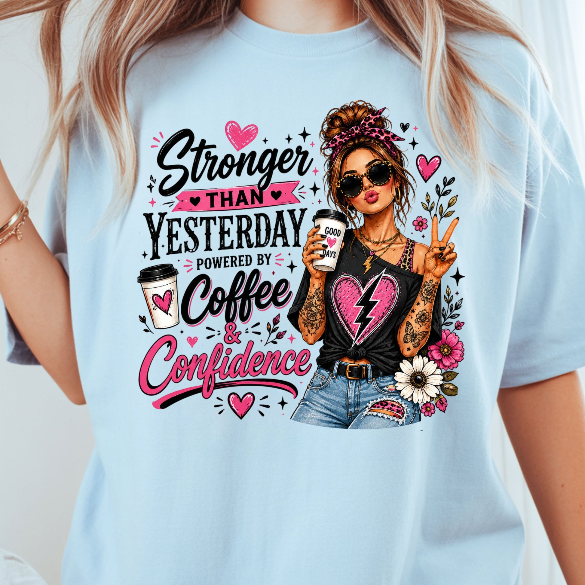Stronger Than Yesterday Messy Bun Coffee Girl T-Shirt, Pink Hearts Inspirational Tee