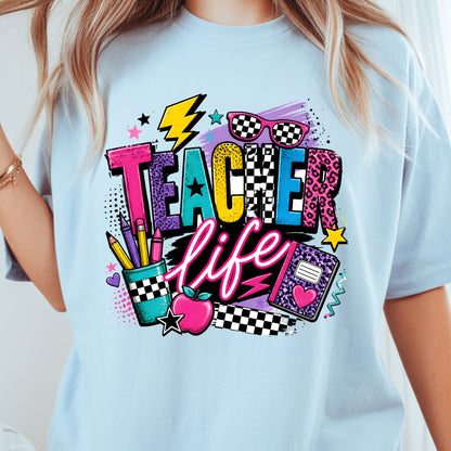 Retro Neon Teacher Life T-Shirt, Colorful Doodle Graffiti Checkerboard Sunglasses Back to School Tee