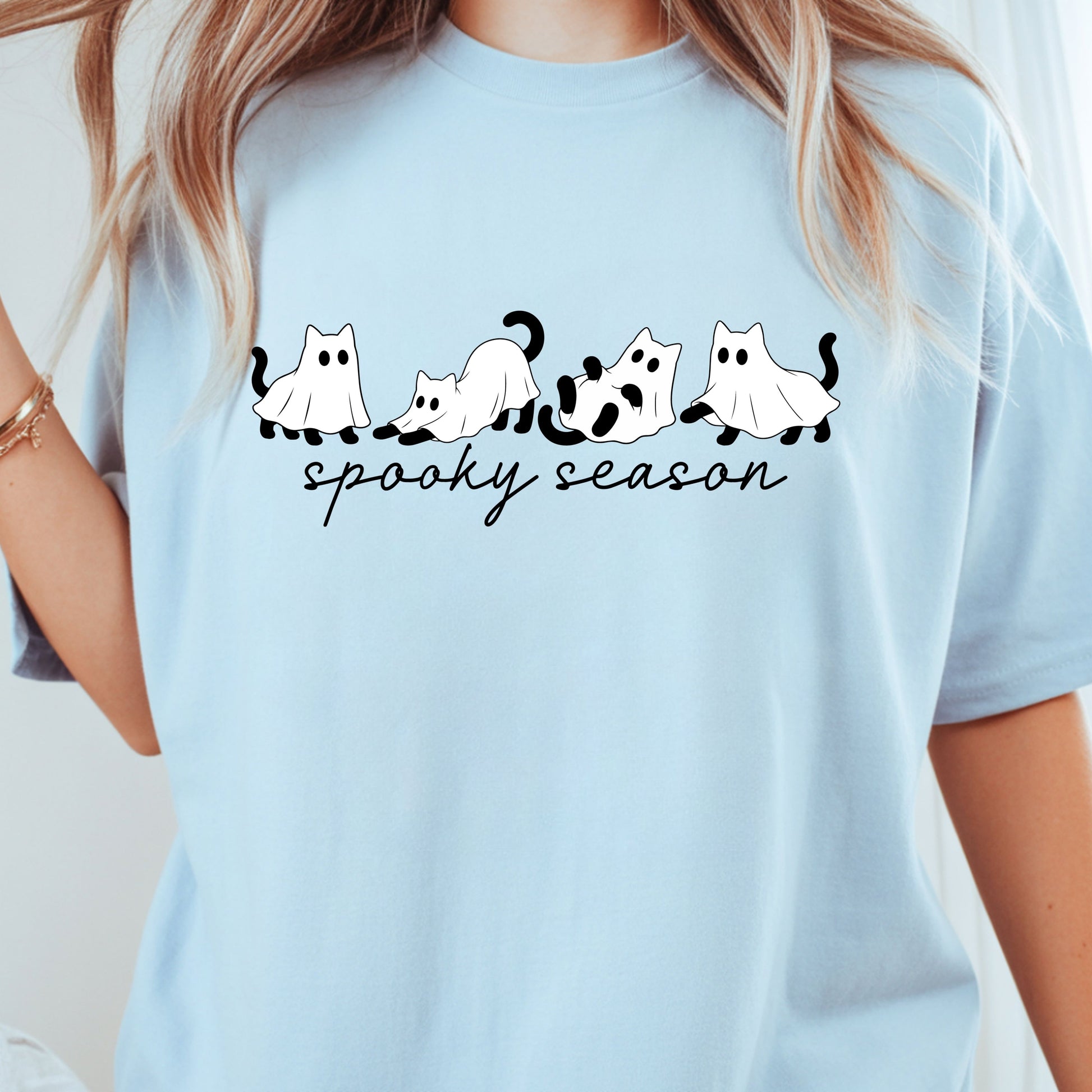 Spooky Season Ghost Cats Halloween T-Shirt, Black Cats Ghost Line Art Minimalist Tee