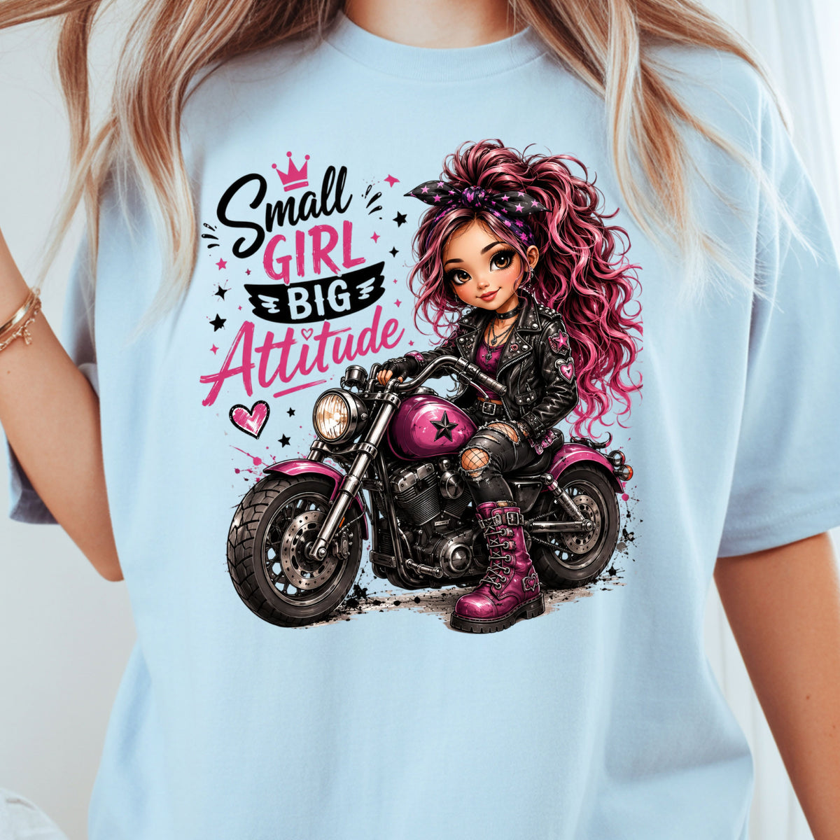 Small Girl Big Attitude Biker Girl T-Shirt, Pink Motorcycle Cute Rocker Tee