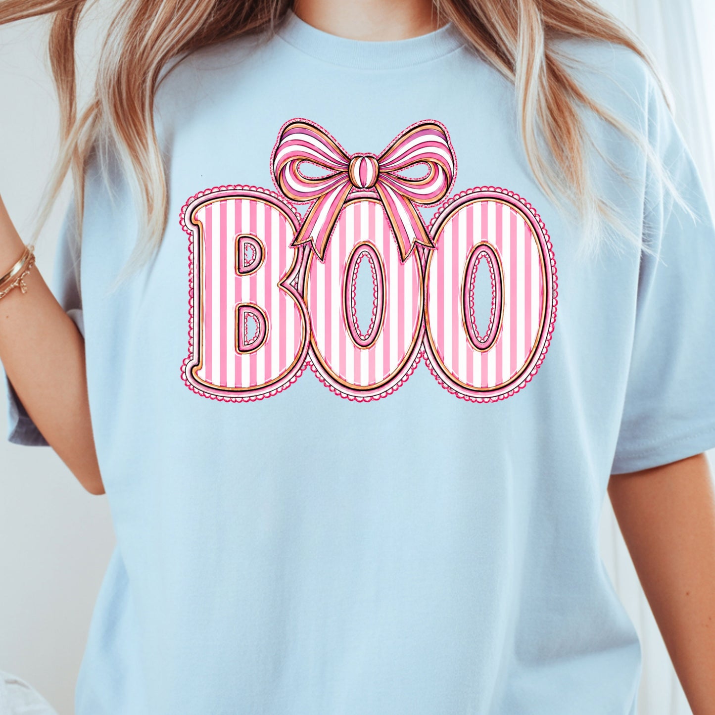 Boo Coquette Pink Bow Halloween T-Shirt, Striped Ribbon Cute Spooky Season Tee