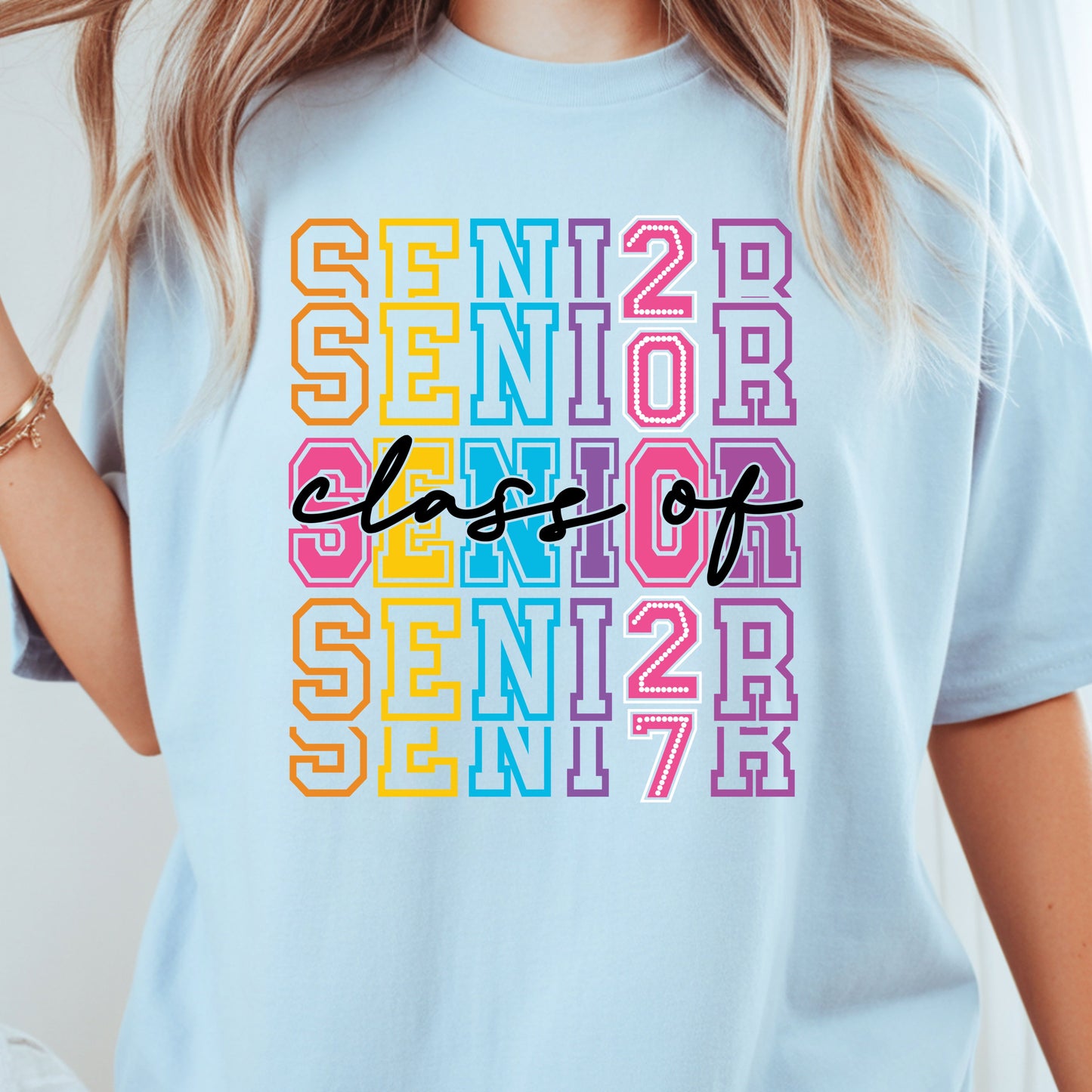 Senior Class of 2027 Colorful Retro T-Shirt, Stacked Varsity Letters Pastel Graduation Tee