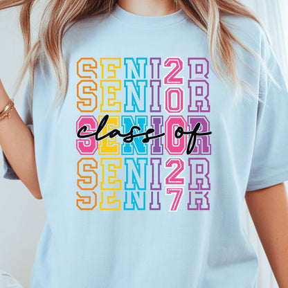 Senior Class of 2027 Colorful Retro T-Shirt, Stacked Varsity Letters Pastel Graduation Tee