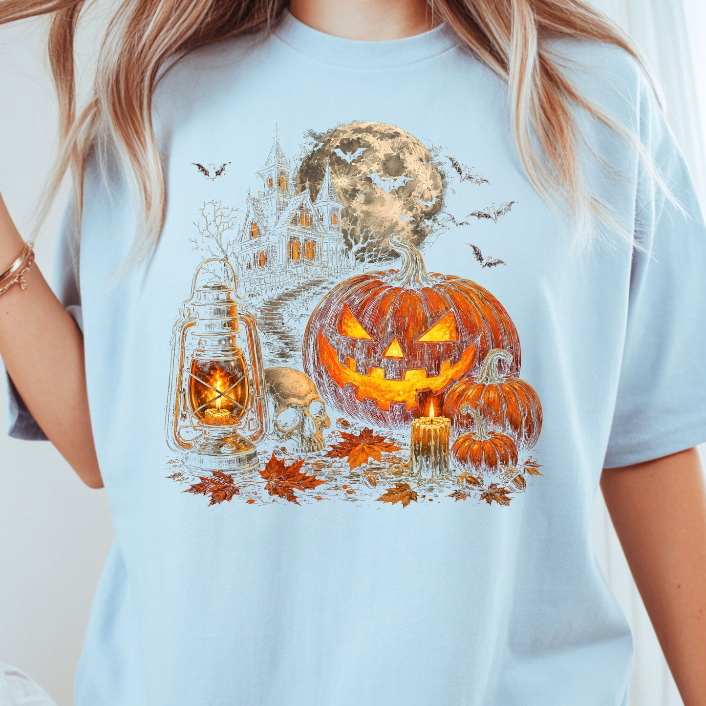 Vintage Haunted House Halloween T-Shirt, Pumpkin Lantern Jack O Lantern Spooky Autumn Tee