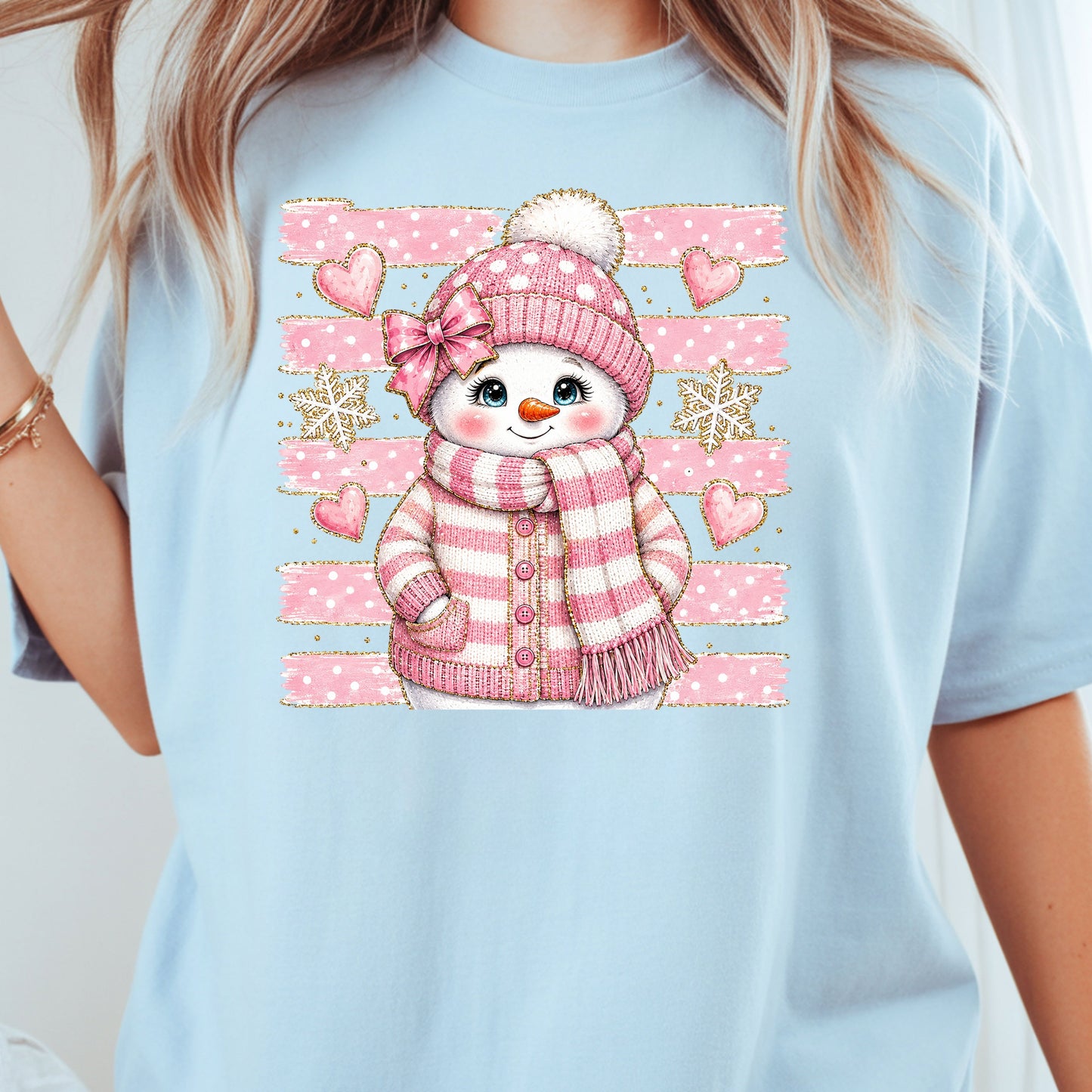 Cute Pink Snowgirl Winter T-Shirt, Snowman Beanie Bow Pink Stripes Hearts Tee