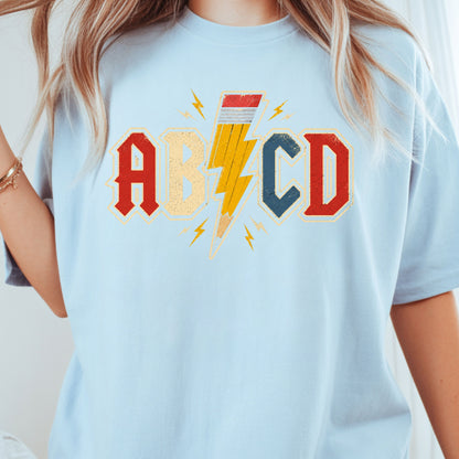 AB CD Lightning Bolt Pencil Teacher T-Shirt, Rock N Roll Back to School Comfort Color Tee