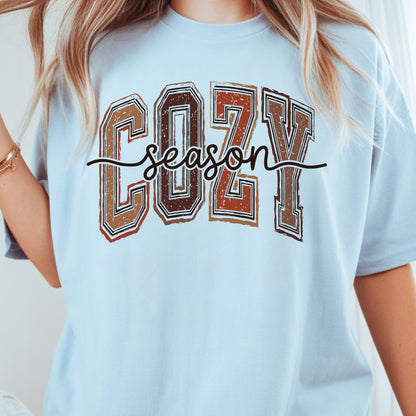 Cozy Season Fall T-Shirt, Distressed Varsity Letters Autumn Neutral Tones Tee