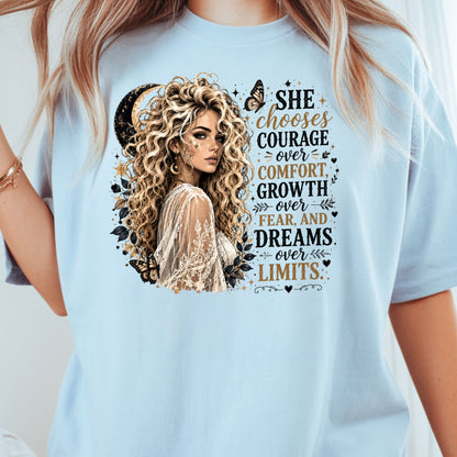 She Chooses Courage Inspirational T-Shirt, Blonde Woman Butterfly Crescent Moon Tee Sweatshirt