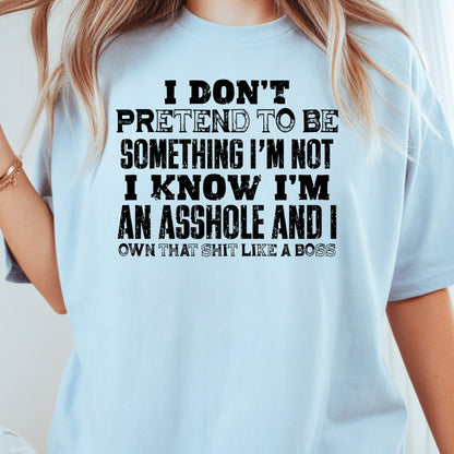 Sarcastic Quote I Don't Pretend to Be Something I'm Not T-Shirt, Own That Shit Like a Boss Tee