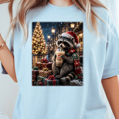 Christmas Raccoon Santa Hat T-Shirt, Coffee Drink Cute Holiday Winter Comfort Color Tee