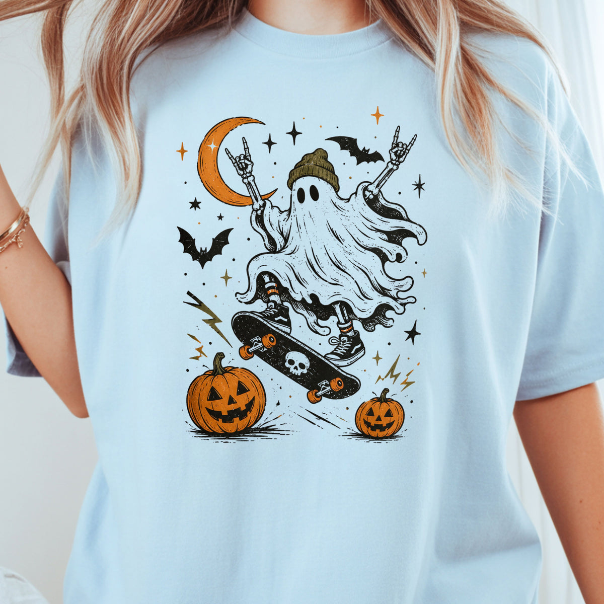 Halloween Skater Ghost Rock On T-Shirt, Skateboarding Skeleton Crescent Moon Pumpkins Bats Tee