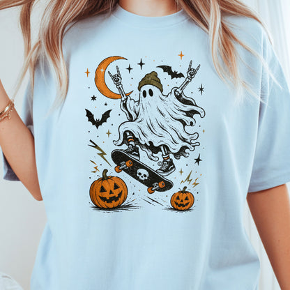 Halloween Skater Ghost Rock On T-Shirt, Skateboarding Skeleton Crescent Moon Pumpkins Bats Tee