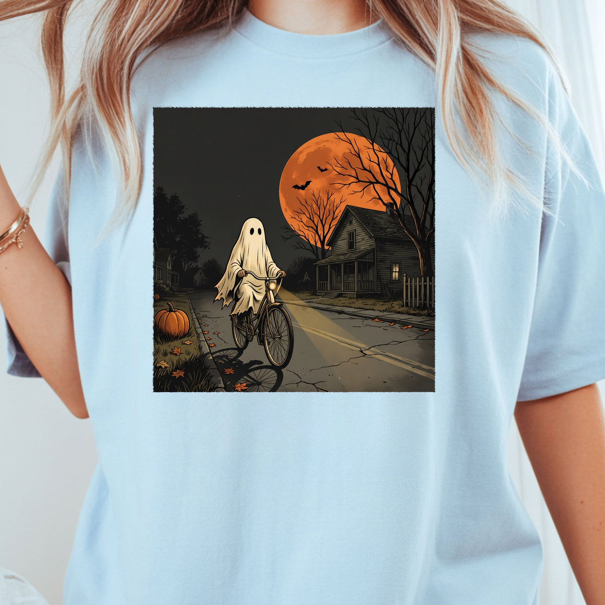 Ghost Riding Bike Halloween T-Shirt, Haunted House Orange Harvest Moon Tee Sweatshirt