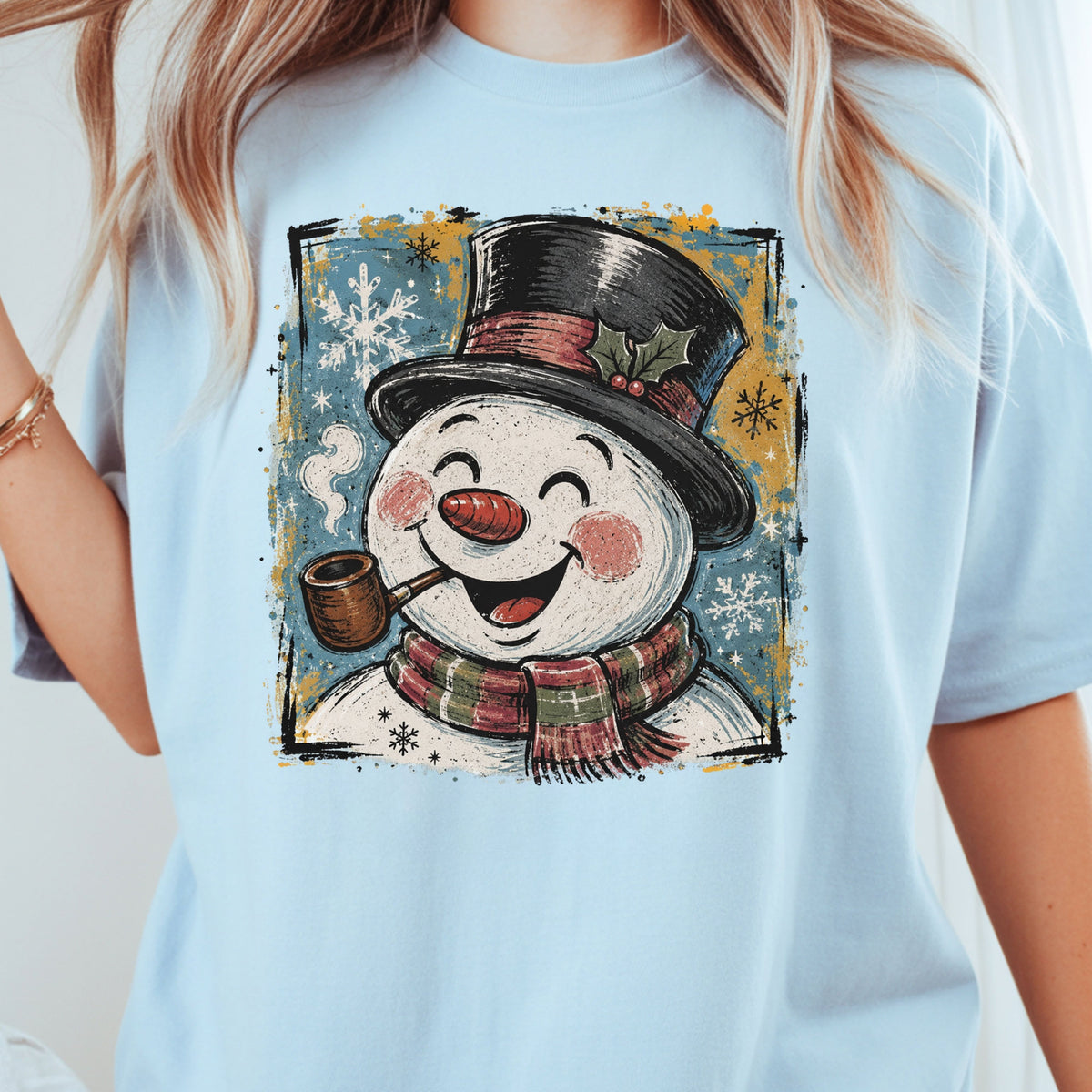 Vintage Snowman Christmas T-Shirt, Top Hat Pipe Snowflakes Scarf Comfort Color Tee