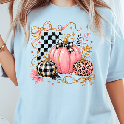 Pink Coquette Fall Pumpkin T-Shirt, Leopard Plaid Ribbon Bow Checkered Autumn Tee