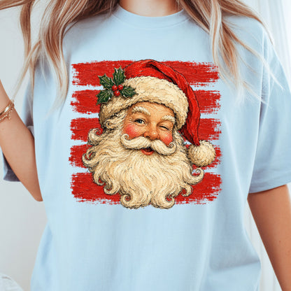Vintage Winking Santa Christmas T-Shirt, Retro Red Stripes Nostalgic Holiday Comfort Color Tee