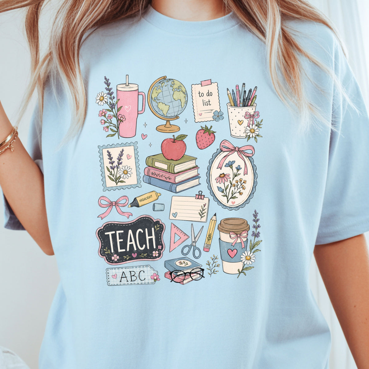 Cute Teacher Supplies Coquette T-Shirt, Books Coffee Globe Pink Bows Back to School Tee