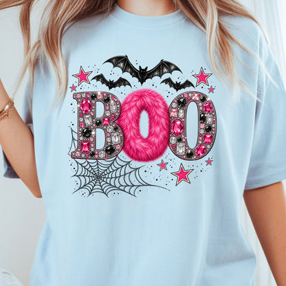 Boo Pink Glitter Bats Halloween T-Shirt, Spider Web Sparkle Comfort Color Tee