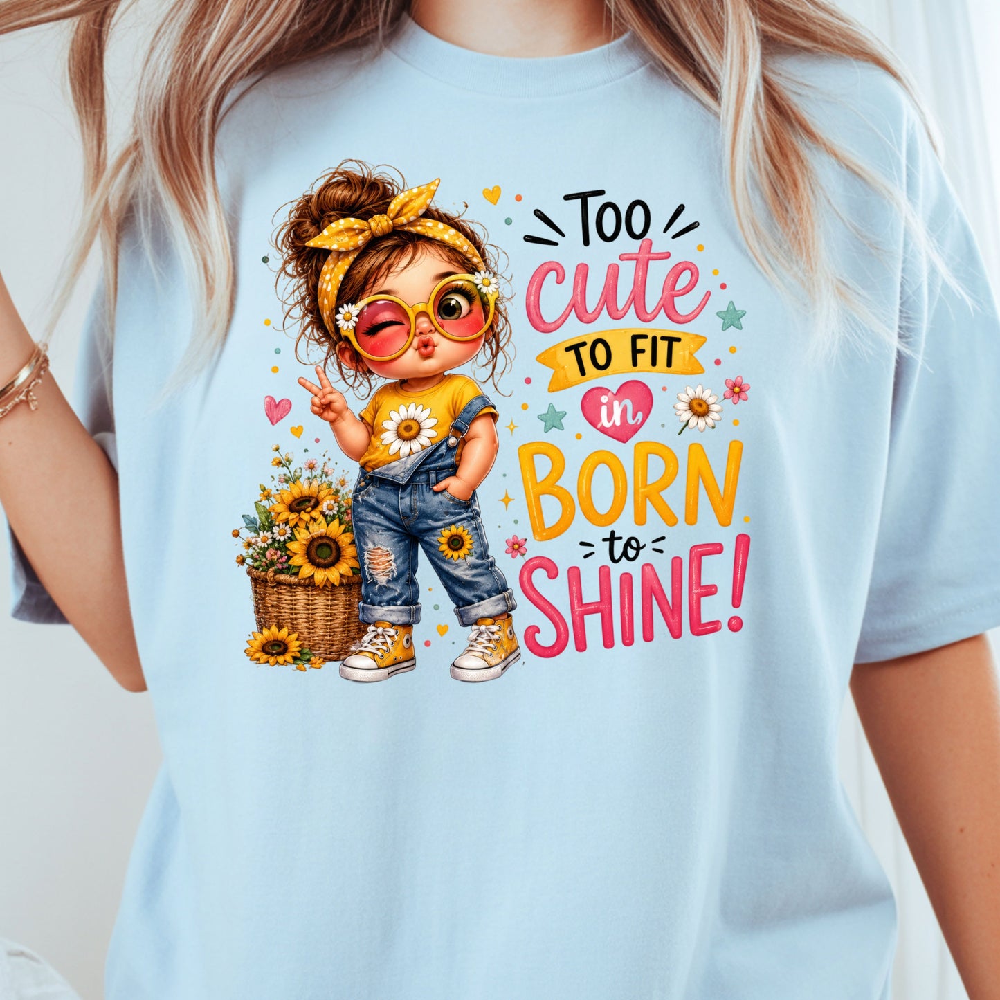 Too Cute to Fit In Born to Shine Little Girl T-Shirt, Sunflower Headband Tee