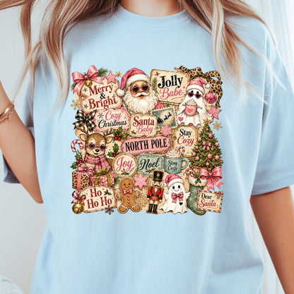 Cozy Pink Christmas Collage T-Shirt, Santa Reindeer Gingerbread Nutcracker North Pole Holiday Tee