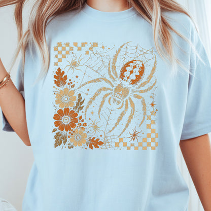 Vintage Fall Halloween Spider T-Shirt, Floral Spiderweb Checkered Spooky Season Tee