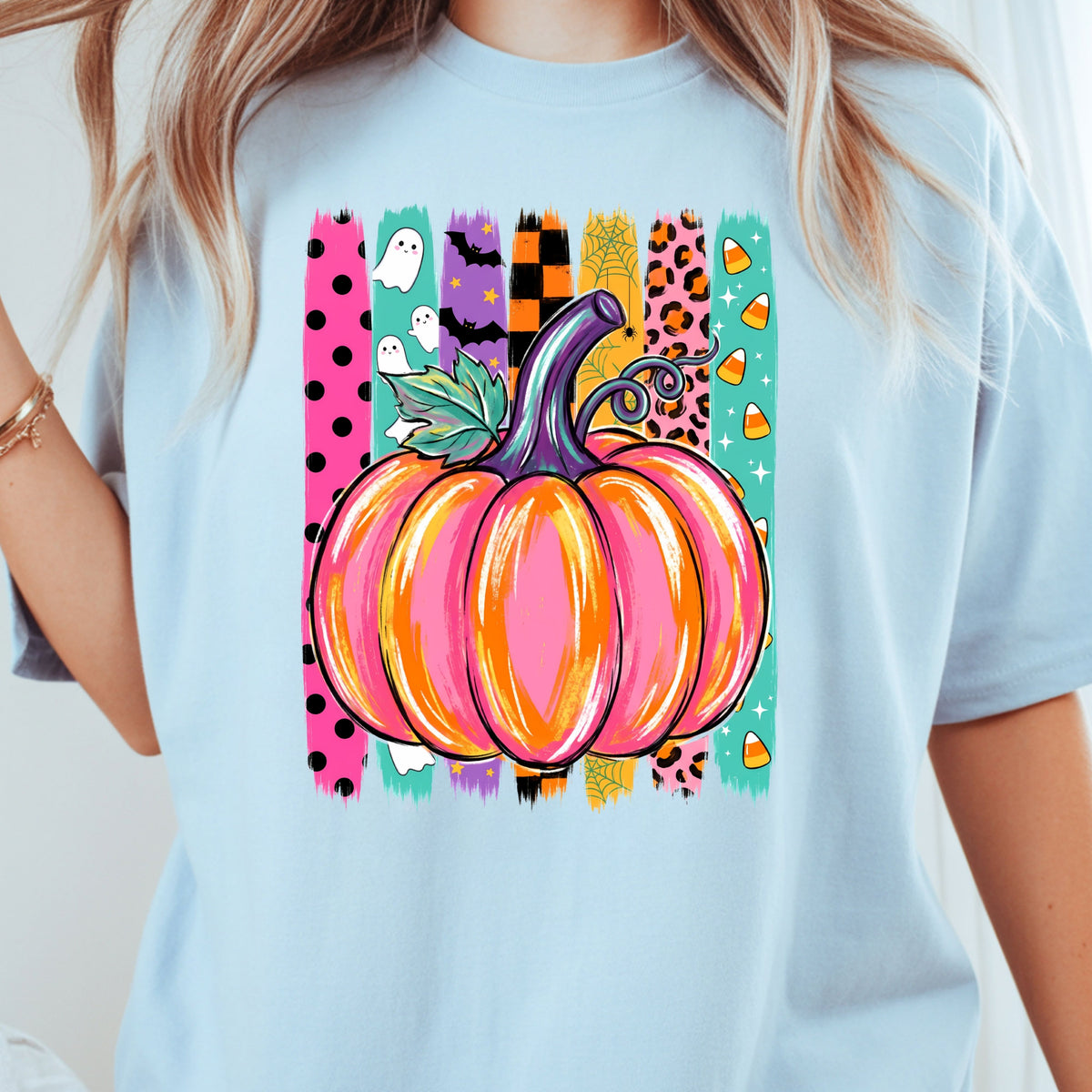 Halloween Pumpkin Brush Strokes Leopard Ghosts Candy Corn T-Shirt, Spooky Season Tee